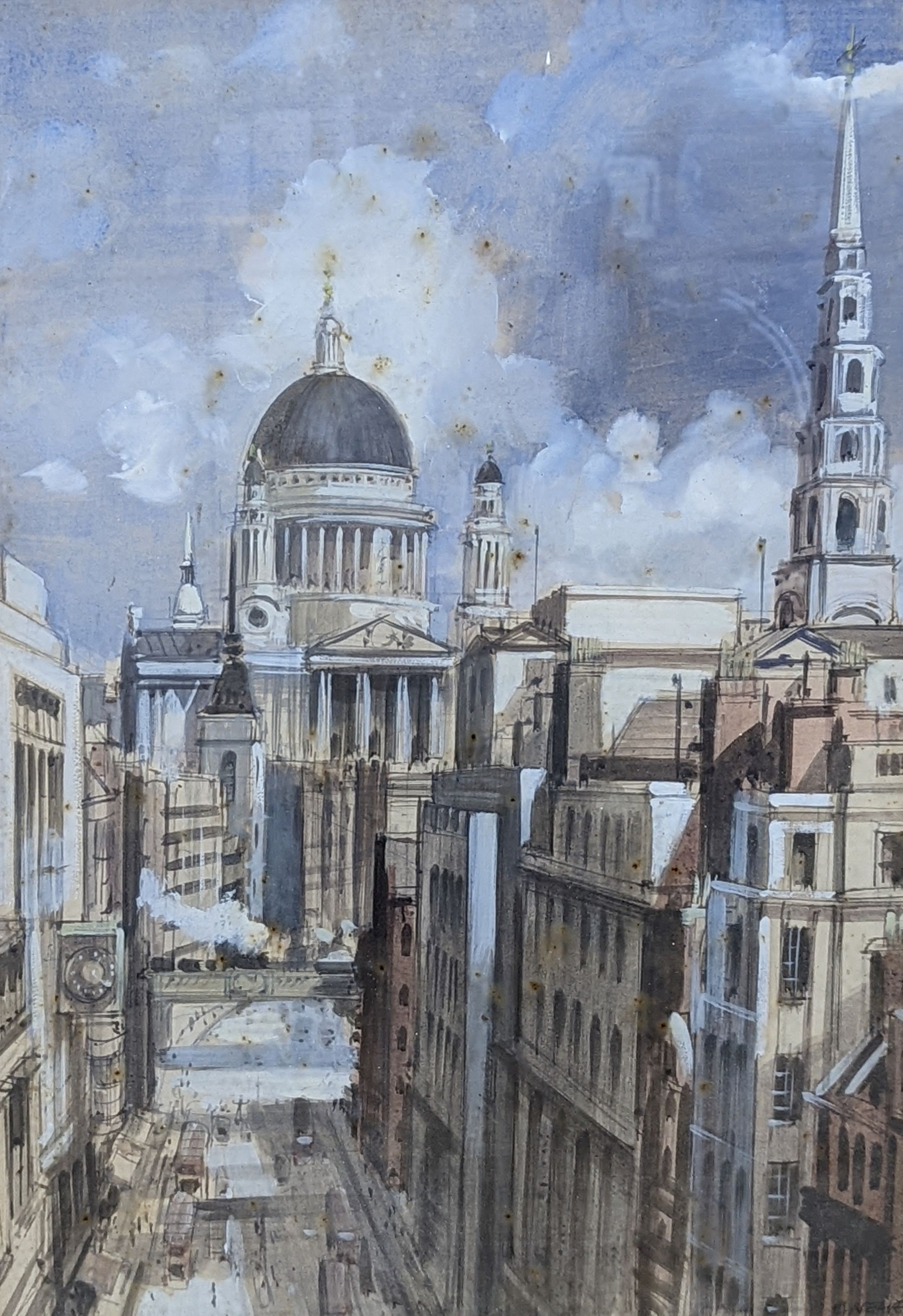 Henry James Neave, two ink and watercolour works, View of St Paul's and Work on Angels, St Paul's Reredos 1958, both signed, 46 x 32cm and 45 x 29cm